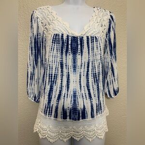SELF ESTEEM Tie Dye Stripe White/Blue Crocheted 3/4 Sleeve Shirt